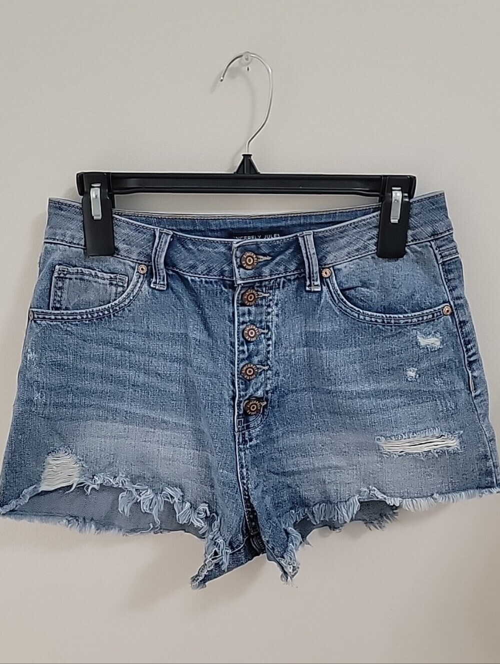 Sincerely Jules Light Blue Distressed Button-Fly Jean Shorts
